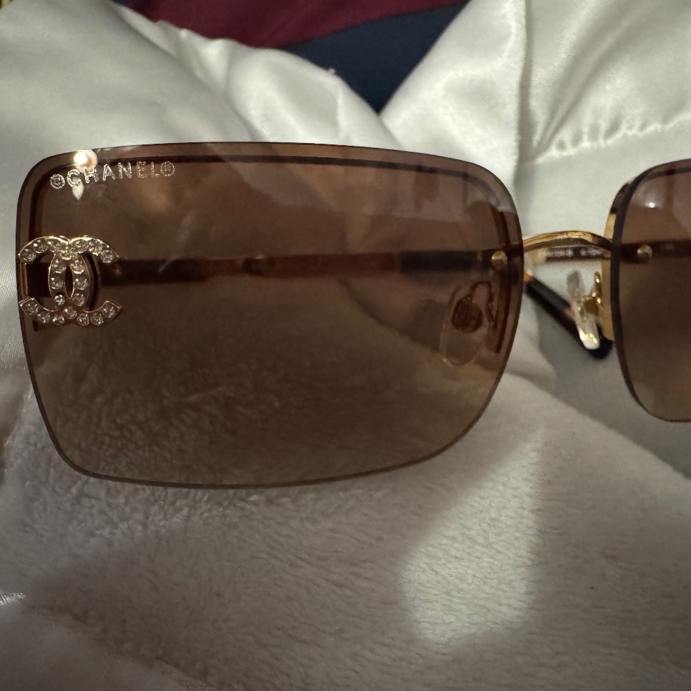 Vintage Chanel Rimless Sunglasses Crystal CCs Brown Lenses